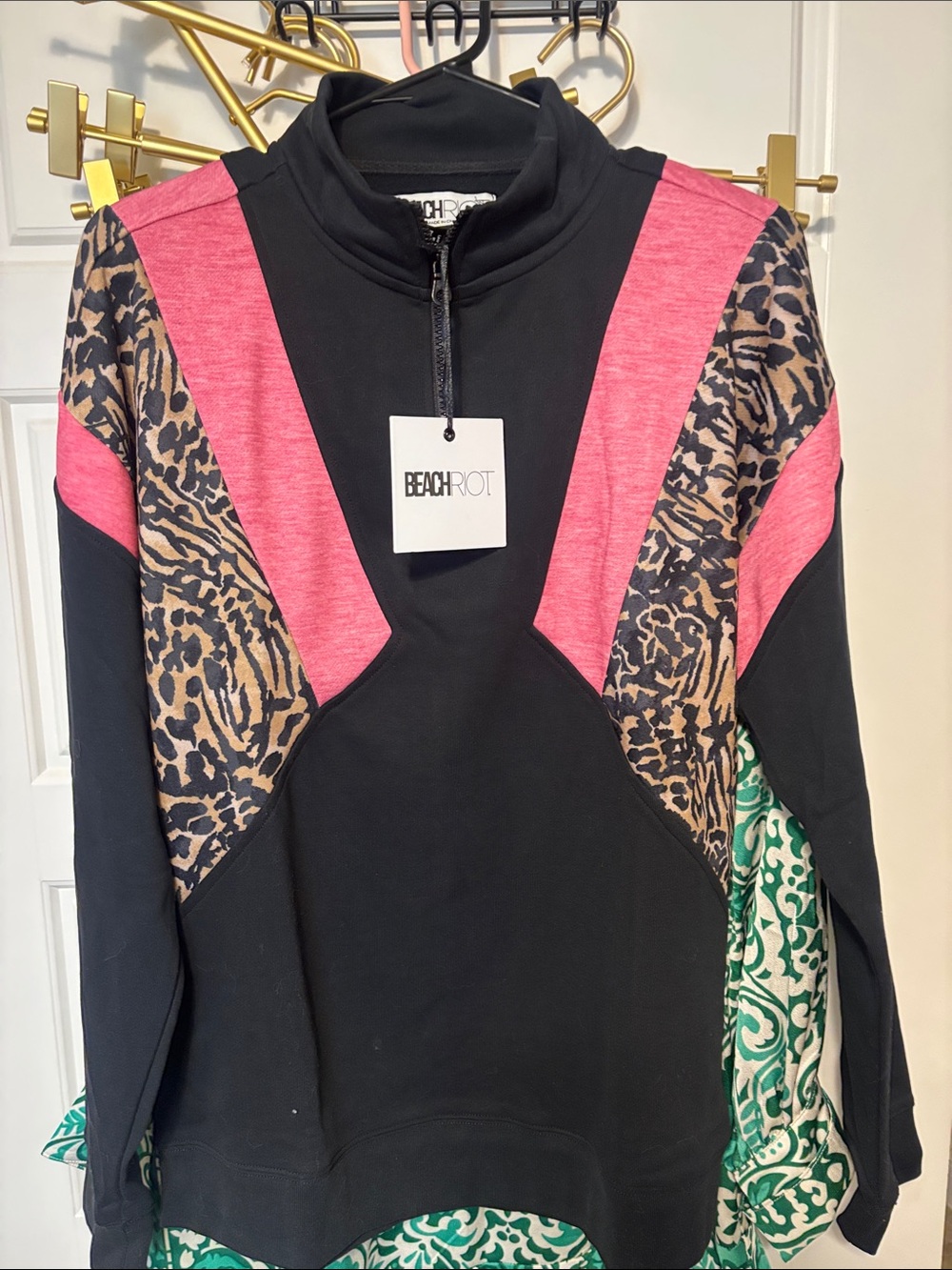 Beach Riot Black Pullover with Pink Panels and Leopard Print